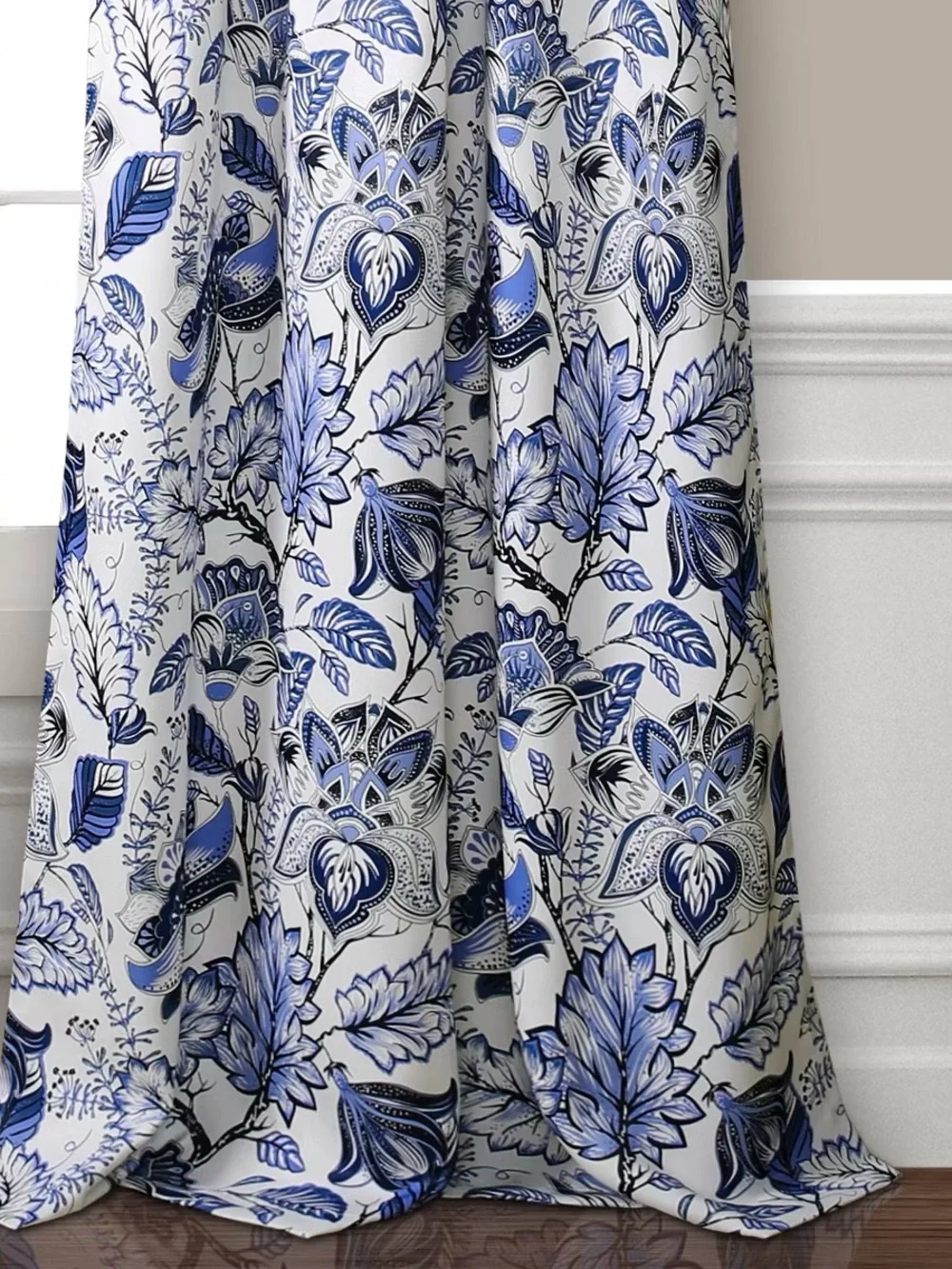 Half Moon Blue Floral Print Window Curtains (2 panels)